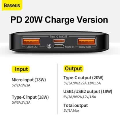 Baseus Power Bank 20000mAh Portable Charger Powerbank 10000mAh External Battery PD 20W Fast Charging For iPhone 2